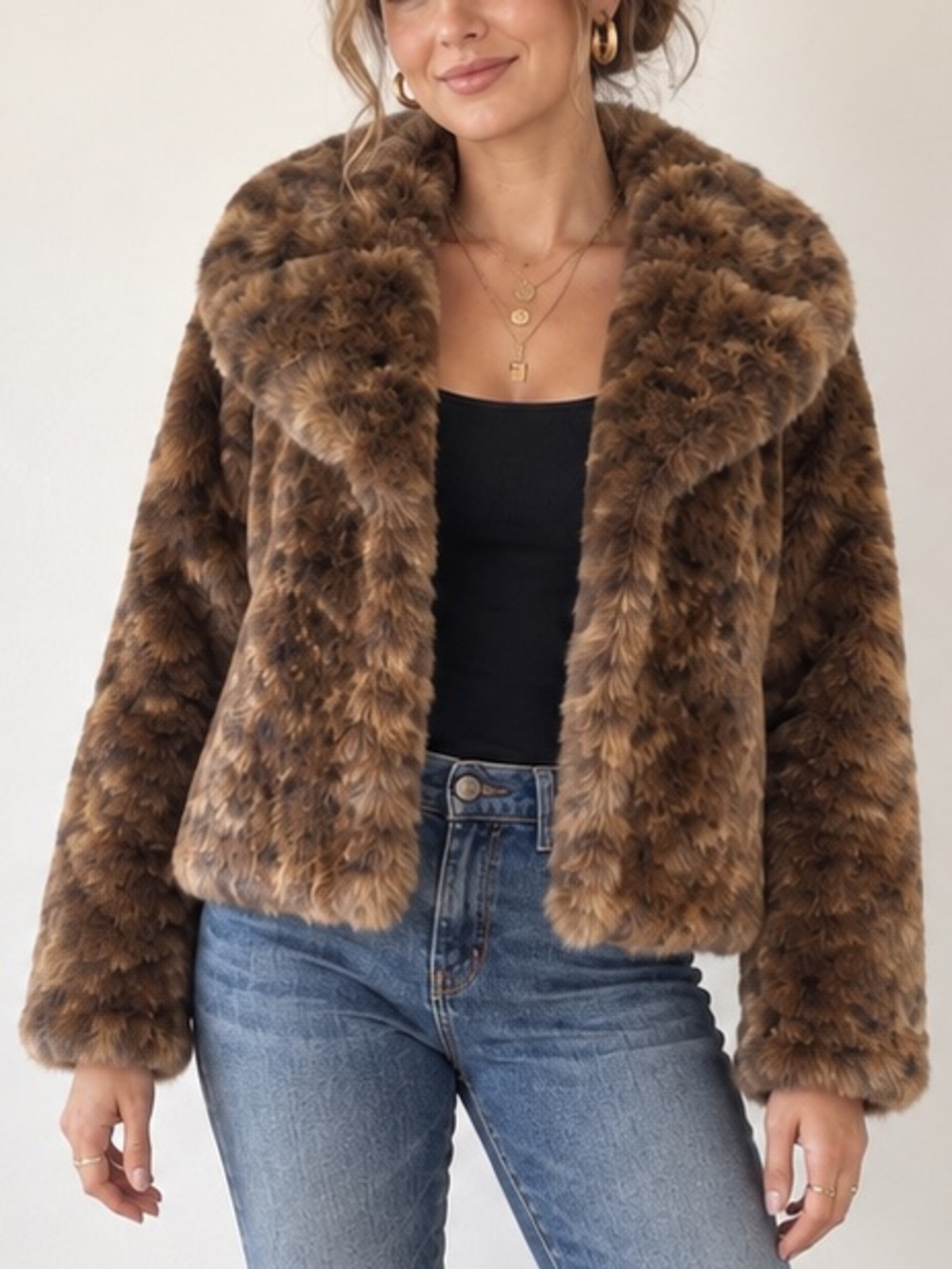 Sofia by Sofia Vergara Brown Leopard Print Faux Fur Jacket Coat Medium